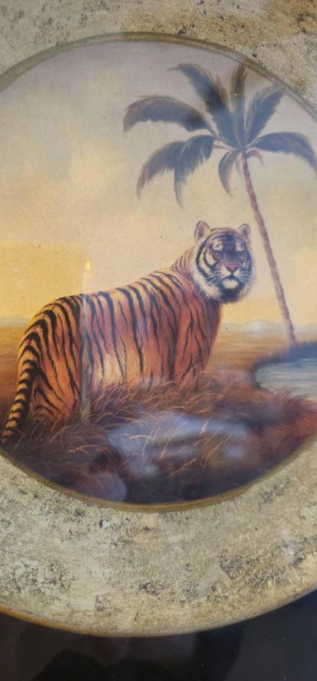 Caja de sombra decorativa vintage tigre en plato de porcelana palmeras  Foto 4 de 4