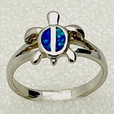 Sterling Silver 925 Lab Created Blue Fire Opal Turtle Ring Size 8