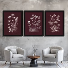 Set of 3 Botanical Floral Wall Art Burgundy Prints Line Art Flower Illustration