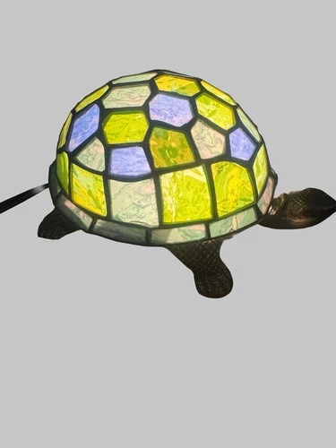 VINTAGE STAINED GLASS TURTLE LAMP Tiffany Style Blue Green Shell Light WORKING