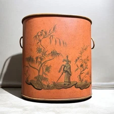 Vtg Hand Painted Chinoiserie Tole Cashepot Waste/ Umbrella Bin Orange Lacquer