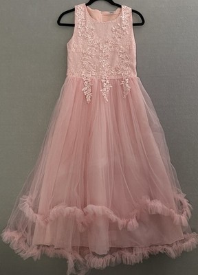Girls (11-12) Pretty Pink Princess Evening Dress Flowers Tulle Halloween Costume