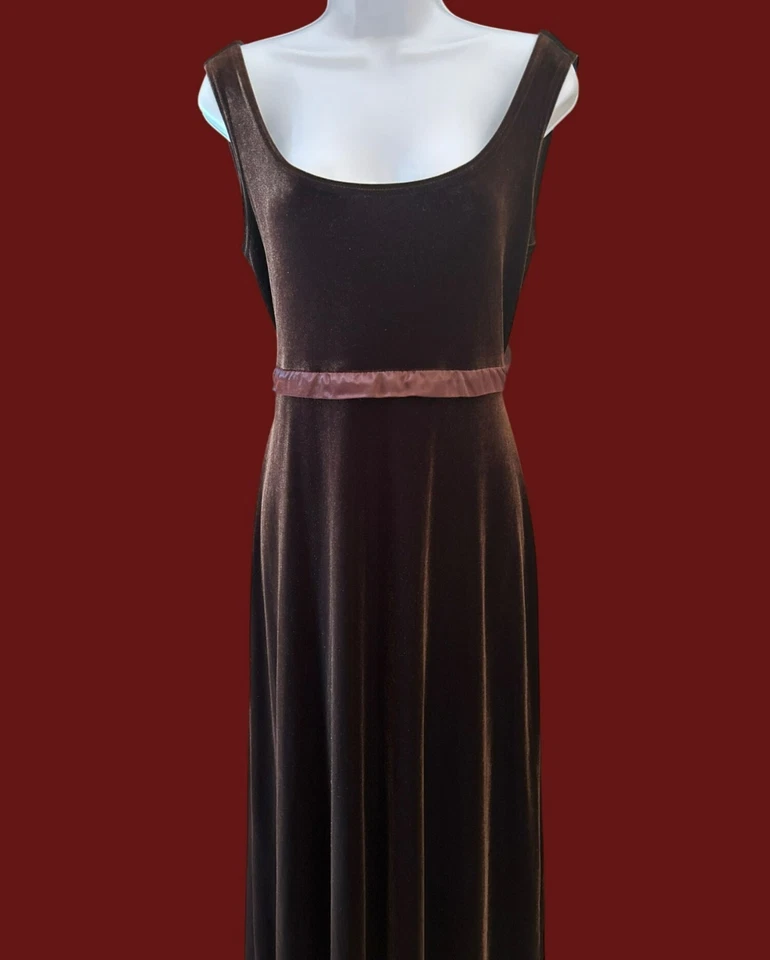 Maxi Vestido Vintage CDC Marrón Terciopelo Talla 14 Elegante Minimalista Gótico Ropa de Noche Foto 2 de 4