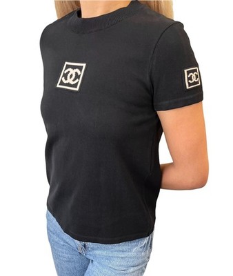 CHANEL Sport Vintage 03A CC Logo Patch Knit Top T-shirt #38 Black