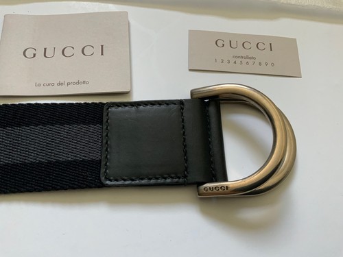 Authentic Gucci Canvas Black/Gray Silver D Ring Buckle Belt Size 38” or 95 cm - Imagen 2 de 4