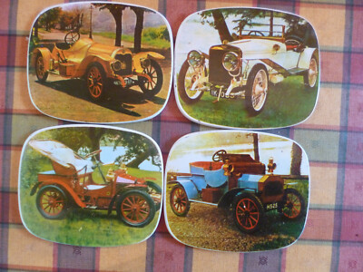 4 Metall-  / Kunststoff-Bierdeckel - ''Oldtimer'' - ca. 9,5 cm x ca. 8 cm