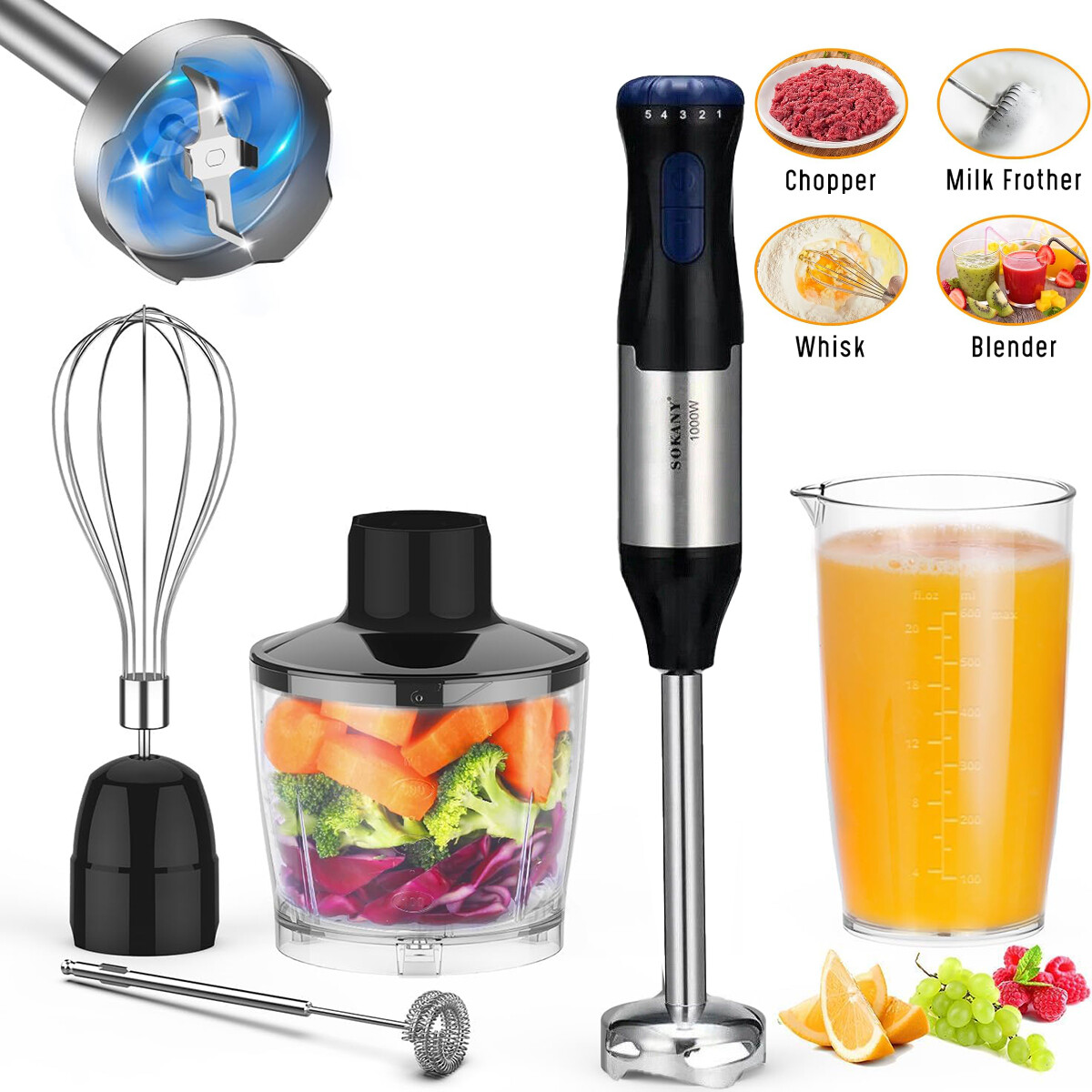 1000 Watt Hand Immersion Blender 5-in-1 Electric Kitchen Han