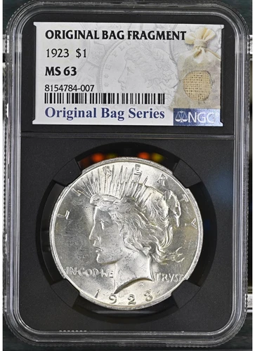 1923 $1 Peace Silver Dollar - Original Bag Fragment Label - NGC MS63