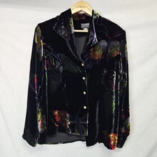 Citron Santa Monica Top Size M Velour Butterfly Print Button Front Womens Silk