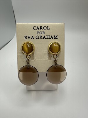 Carol For Eva Graham Gold Tone Tigers Eye & Brown Acrylic Dangle Clip Earrings