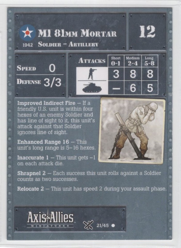 Axis and Allies Miniatures M1 81mm Mortar D-Day #21 USA Stat Card ONLY | eBay