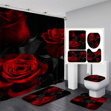 4PCS Red Rose Shower Curtain Sets with Non-Slip Rugs,Toilet Lid Cover and Bath M