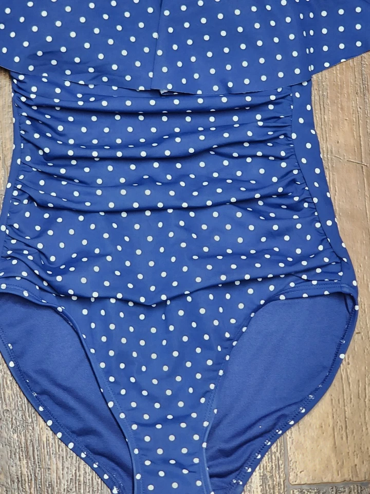 NWOT Lauran Ralph Lauren Sapphire Pin Dot Off The Shoulder One Piece Swimsuit - Image 2 of 4