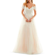 TLC Womens Juniors Rhinestone Appliqué Tulle Gown Embellished Cold Shoulder sz5