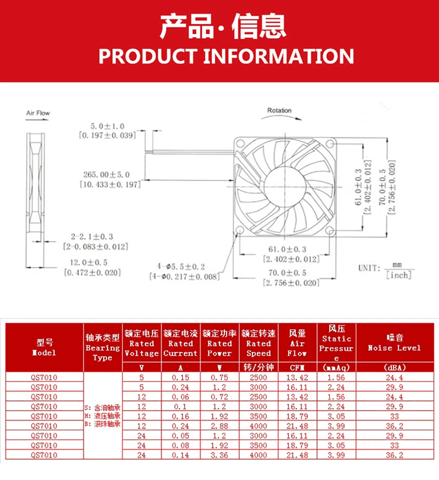 Lüfter, 70 x 70 x 10 mm, 3,7 V~12 V / DC, Starker Ventilator zum Einbau, Kühler - Bild 2 von 4