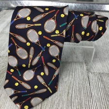 Mark Fore & Strike Tennis Racquets Alynn Neckwear Tie Blue Red Gold 100%Silk USA