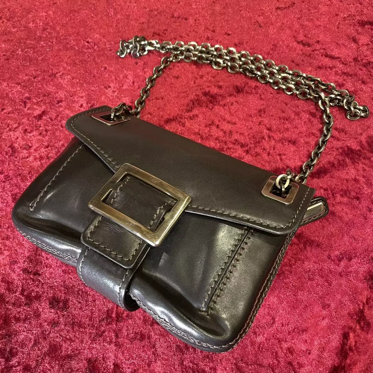 Roger Vivier Square Hardware Leather 2Way Chain Shoulder Bag Handbag Black