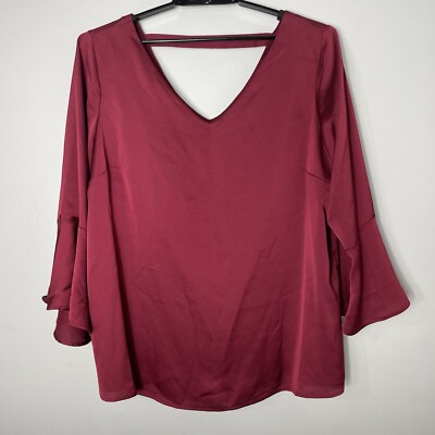 Roz & Ali Women s Burgundy V Neck Long Bell Sleeve Blouse Top Size 3X