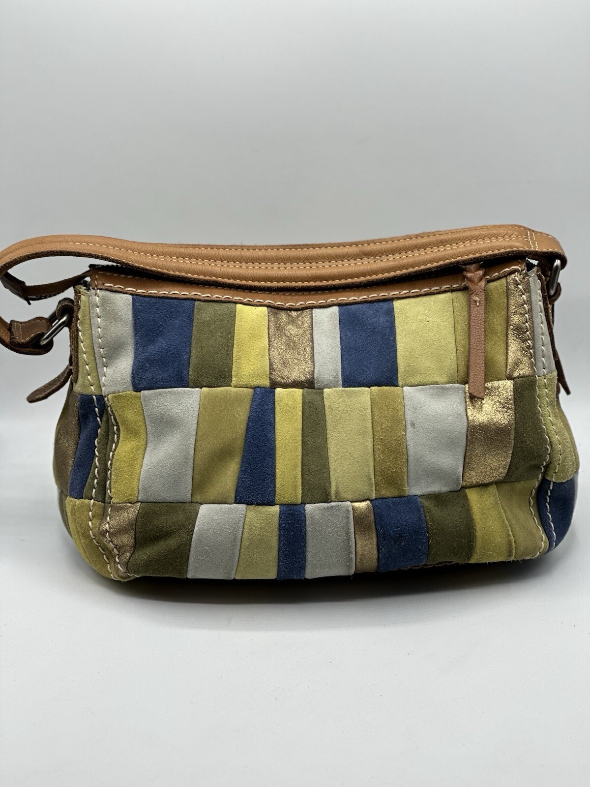 Fossil Patchwork Checkered Leather Suede Retro 70… - image 1