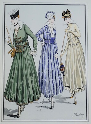 ANTIKER MODEDRUCK Seidenkleider groß Jugendstil Vintage alt Pochoir 1915