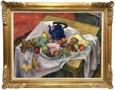 20th c. POST IMPRESSIONIST STYLE STILL LIFE Signed Oil Painting KETTLE & FRUIT