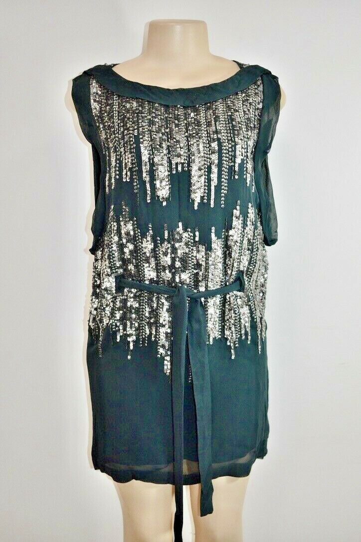 French Connection Dark Green Chiffon Sequins Dress Size 0 On Sale French Connection Dark Green Chiffon Sequins Dress Size 0 On Sale