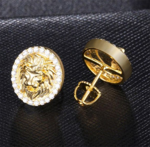 Authentic men 3D Lion Face Screw Back Earring 2ct Cubic Zirconia Yellow Gold Plated Silver