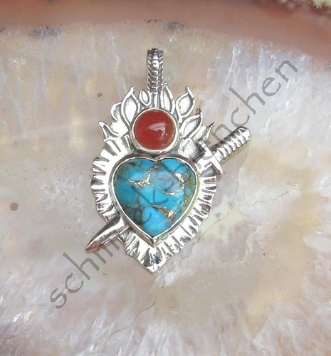 KX Cuore Di Spada Trapassato Turchese Blu Carneolo Ciondolo Argento Sterling 925 - Foto 3 di 6