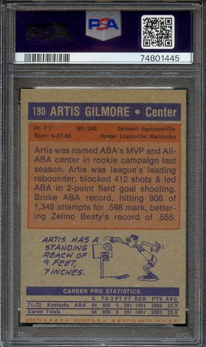1972 Topps #180 Artis Gilmore RC PSA 6 HOF Kentucky Colonels 1445 - Picture 2 of 2