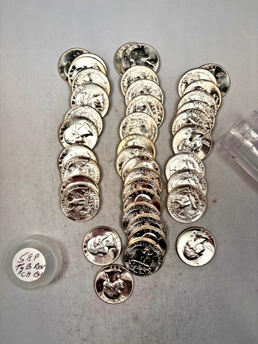 1958P WASHINGTON QUARTER 90% SILVER CH. BU BRILL. UNC. 40 COIN ROLL TYPE B REV.