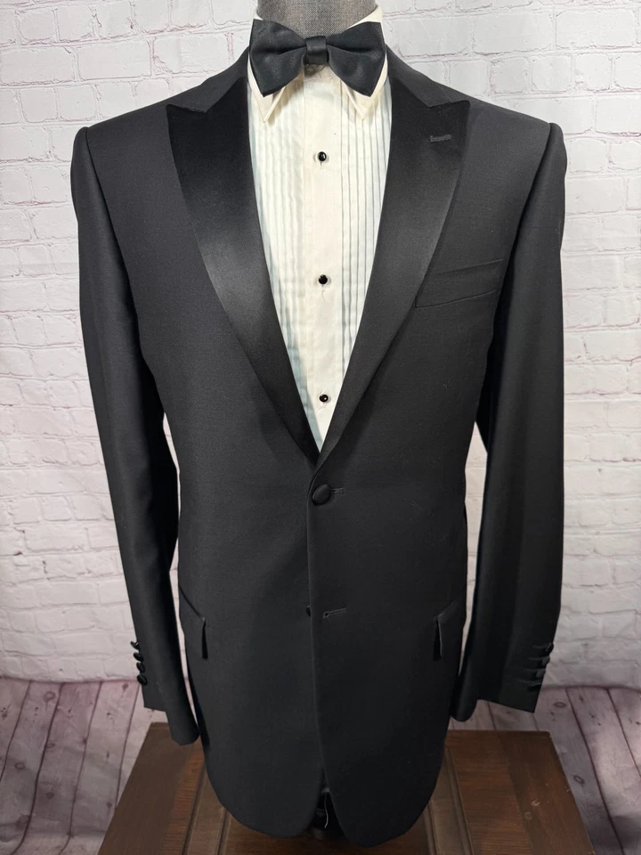 TIGLIO LUXE Mens Black TUXEDO Formal SLIM FIT 2pc TUX Suit 44L Jacket 38x33 Pant - Image 2 of 4