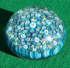 Vintage Murano Millefiori Glass Paperweight Floral Canes & Blue Base