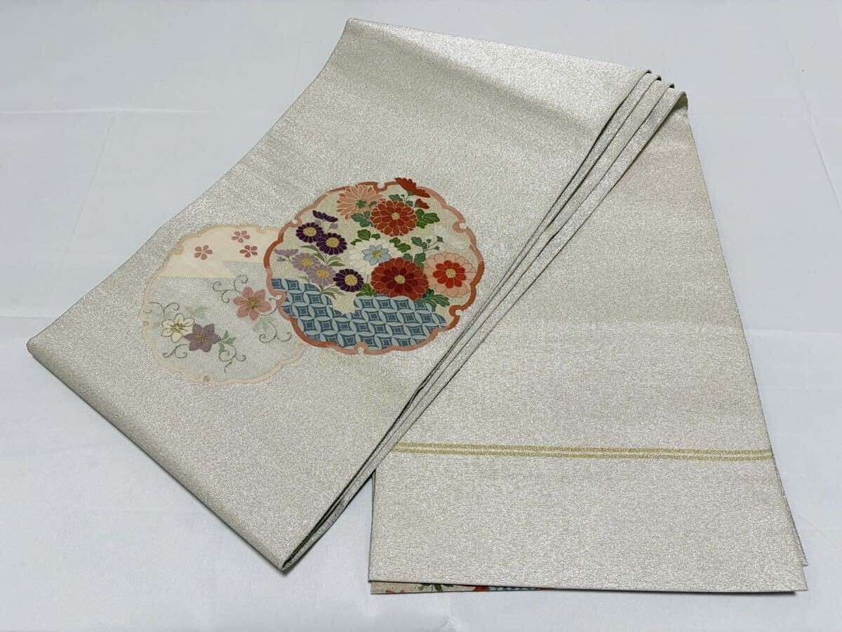 Kimono Silver Gold Thread Flower Pattern Obi Belt… - image 9