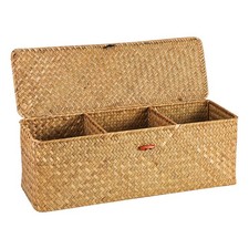 Large Natural 3-Section Wicker Shelf Basket, Lid, Seagrass Woven Box, Decor