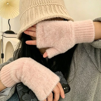 Gants Demi Doigt pour Femme Hiver Peluche Doublé pour velours Pointes Chaudes - Photo 1/4