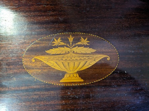 Antique EFS Oval Butler's Serving Tray Mahogany Inlaid Urn Brass Handles 14x24" - Picture 5 of 13