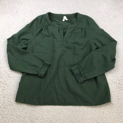 Pact Cafe Crepe Poet Blouse Womens M Forest Green Organic Cotton V Neck Popover