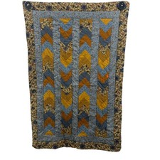 Handmade Chevron Quilted Wall Hanging Floral Patchwork Mustard Blue 33x48