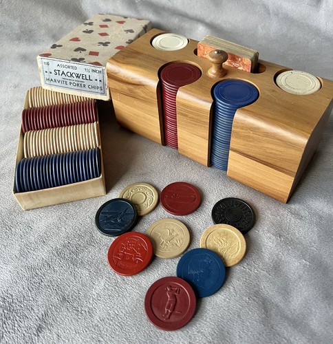 1930s Poker Chip Set w/Wood Caddy, 200 Vintage Clay Chips Plus Embossed Chips