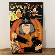 Vintage Halloween CREATE-A-PUMPKIN Witch W/ Cat WOODEN PUMPKIN PUSH INS New