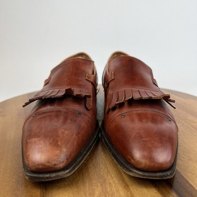 Mens L.F. Lidfort Brown Leather Slip On Cap Toe Fringe Dress 