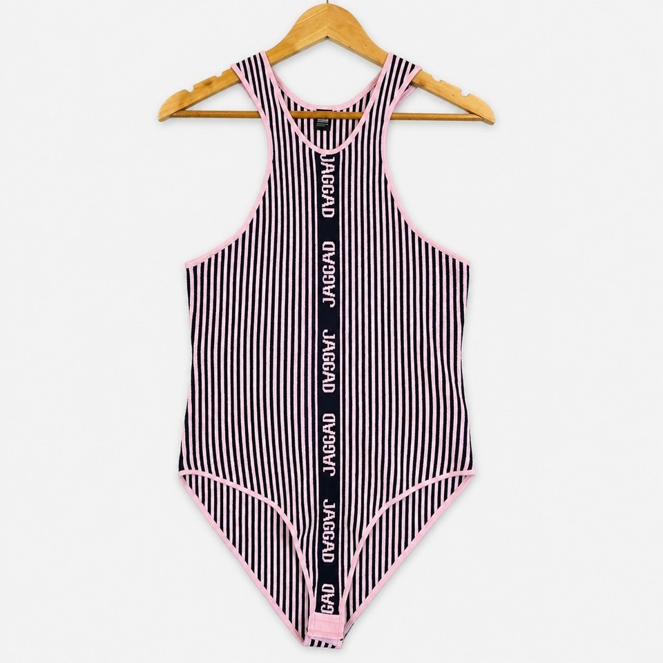 Jaggad Bodysuit Top Womens Size XXL Pink Striped Knit Racerback Singlet Gym
