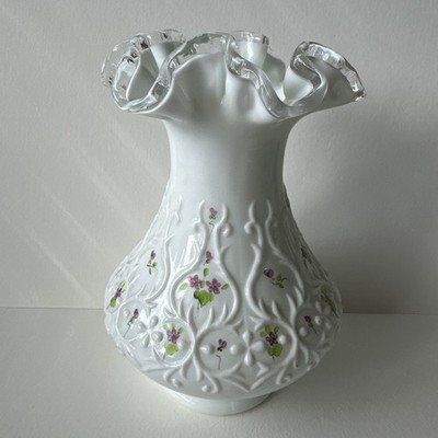 Vtg Fenton Silver Crest Vase Violets In The Snow Spanish Lace 1970's Signed 