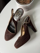 Prada Brown Suede Platform Heels Slingbacks with Embroidered Spiral Pattern