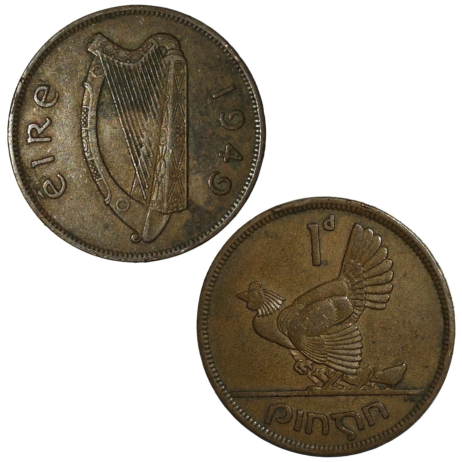 1949 Irish One Penny 1d Pingin Hen Chicks Bronze Coin