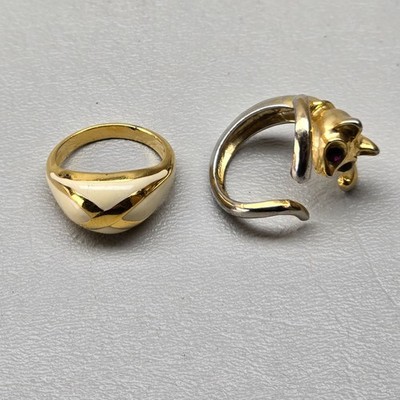 Cat Ring and Enamel Ring Size 8 Gold Tone Adjustable Statement