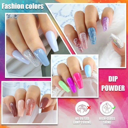 Nail Dipping Powder Set Natural Dry No Lamp Cure Art Pigment DIY Gel Glitter Kit - Picture 6 of 11
