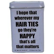 Cricket Happy Hair Ties Tin 25 ct Black Rubber Bands Ponytail Holders Elastics