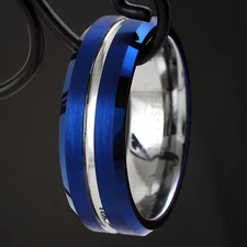 Blue Tungsten Carbide Thin White Line Band Ring EMS Medics National Guard Nurses