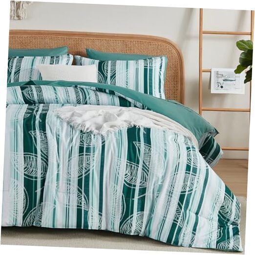 Comforter Set Size,Botanical Striped Bed in a Bag 7 Pieces,Boho Queen Green-image